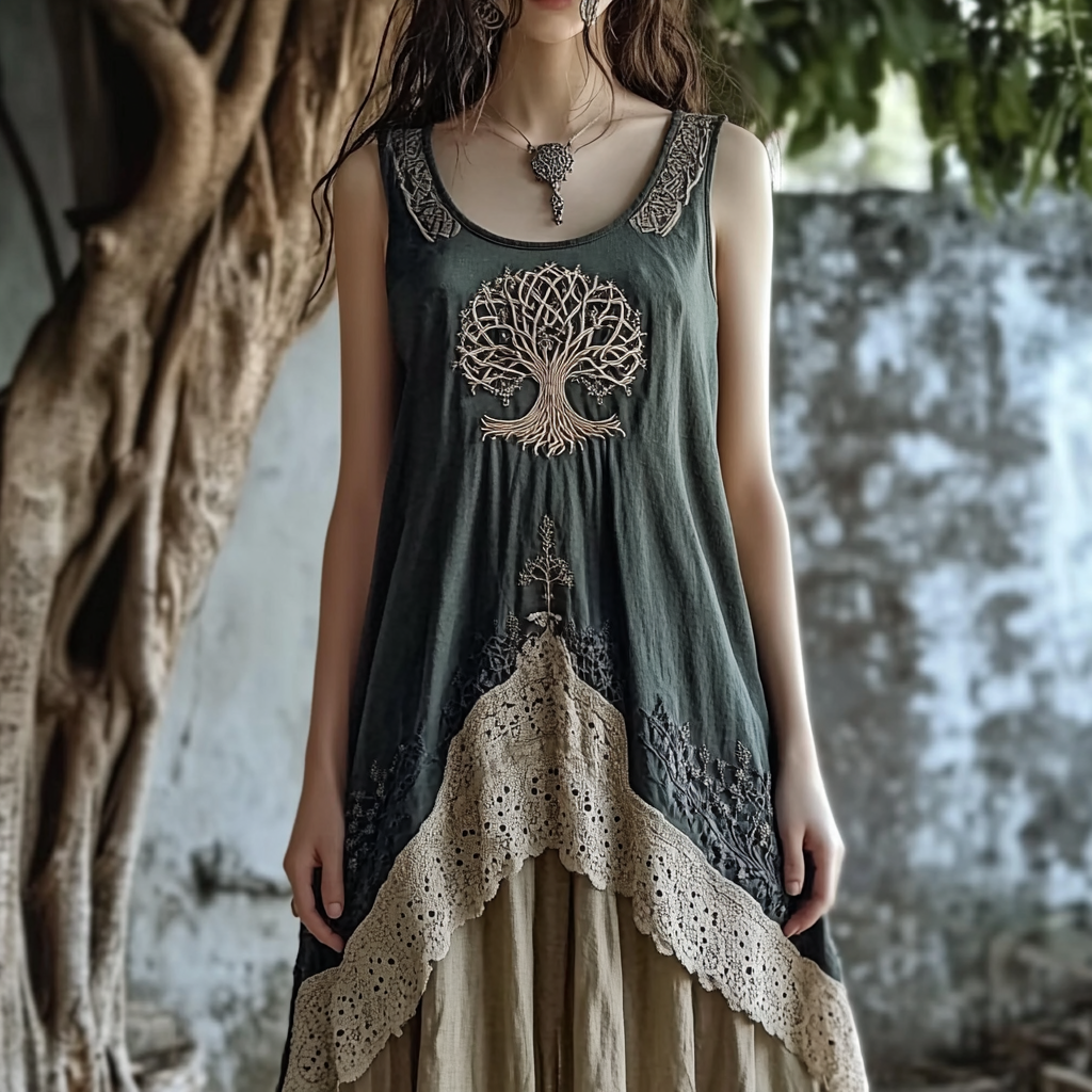 Viking Celtic Tree Of Life Lace Patchwork Linen Tank Midi Dress elevenforest