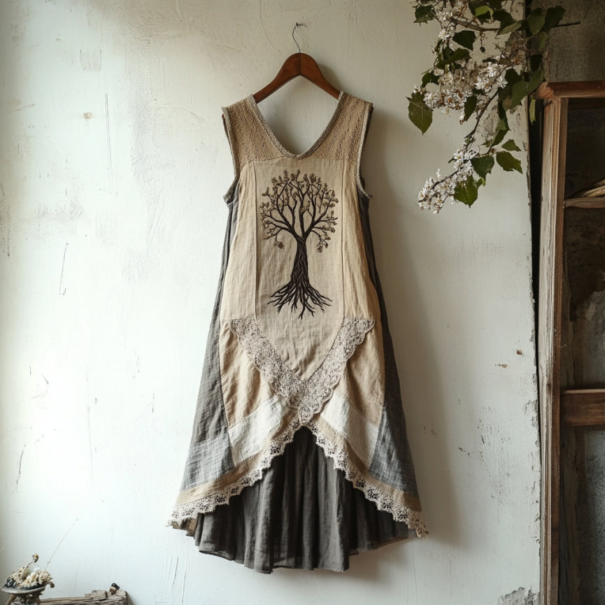 Women's Vintage Viking Tree Of Life Patchwork Lace Art Linen Dress elevenforest
