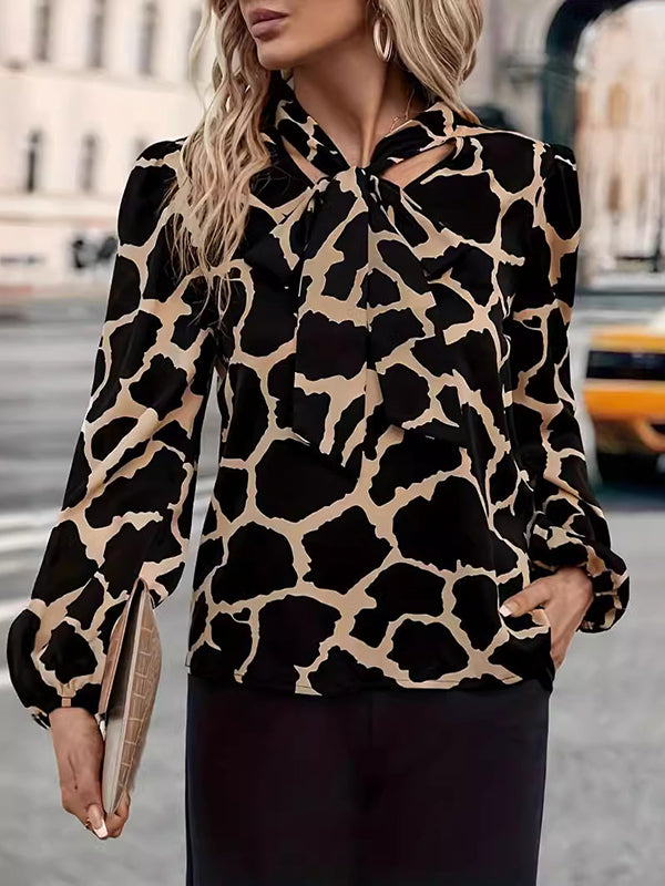 Loose Puff Sleeves Printed Split-joint Streamer V-neck Blouses