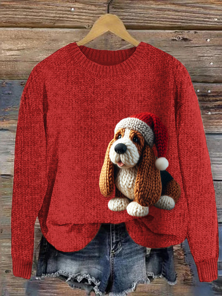 Comstylish Christmas Basset Hound Crochet Art Cozy Knit Sweater