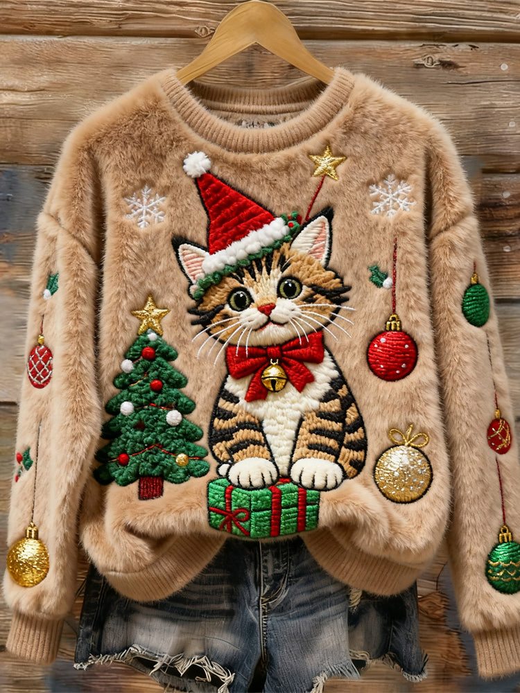 Christmas Tree & Cat Embroidered Women's Soft Plush Sweater elevenforest