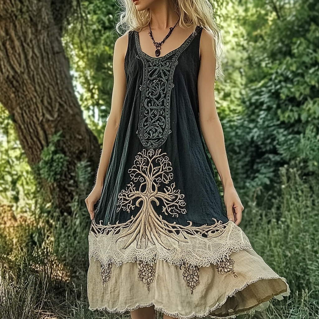 Women's Vintage Viking Tree Of Life Lace Design Sleeveless Dress elevenforest
