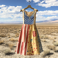 Women's Independence Day Flag Floral Cotton And Linen Dress elevenforest