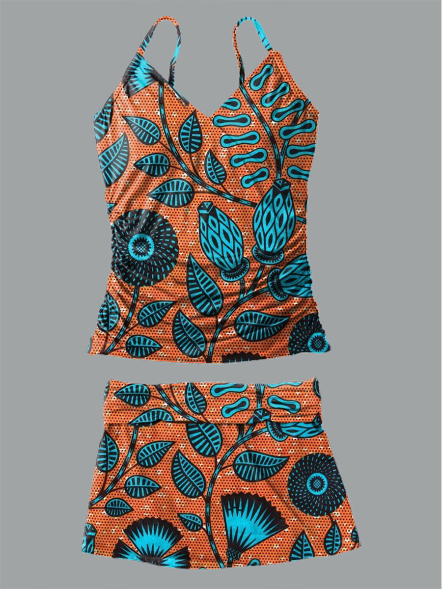V-Neck Vintage Flowers Print Suspender Skirt Tankini Pantskirt Set Swimsuit