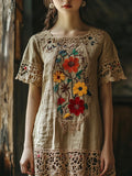 Vintage Lace Floral Embroidery Women's Linen Dress elevenforest