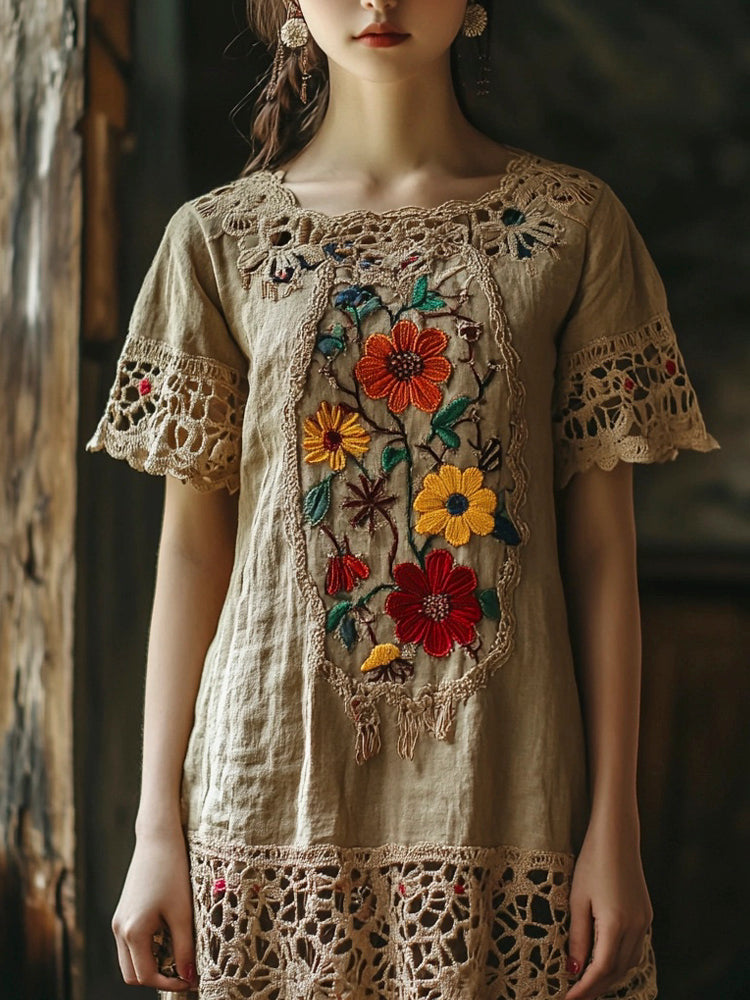 Vintage Lace Floral Embroidery Women's Linen Dress elevenforest
