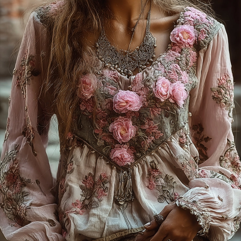 Ladies' Pink Floral Vintage Casual Round-neck White Long-sleeved Top elevenforest