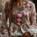 Ladies' Pink Floral Vintage Casual Round-neck White Long-sleeved Top elevenforest