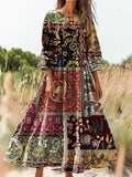 Women's Vintage Ethnic Floral Art Print Flowy Cotton Crew Neck Dress
