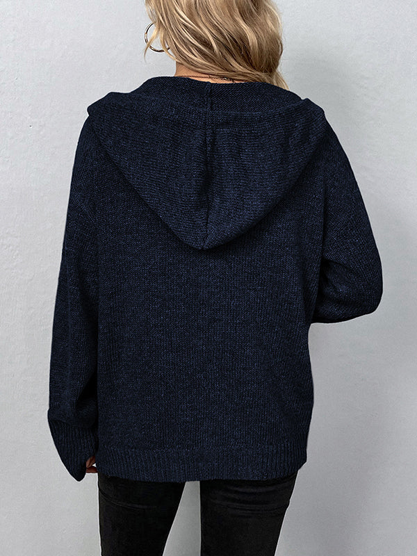 Wrap Buttoned Hooded Color Cardigan