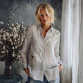 Women's Vintage Flying Crane Flower Embroidered Linen Long Sleeve Shirt elevenforest