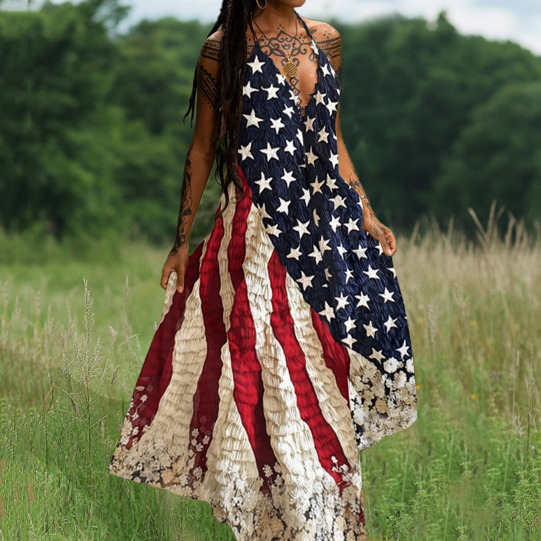 Independence Day Flag Floral Art Inspired Patchwork Maxi Dress elevenforest