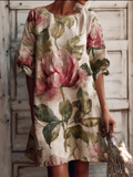 Retro Cotton And Linen Bohemian Style Plant And Flower Print Mid-length Dress elevenforest