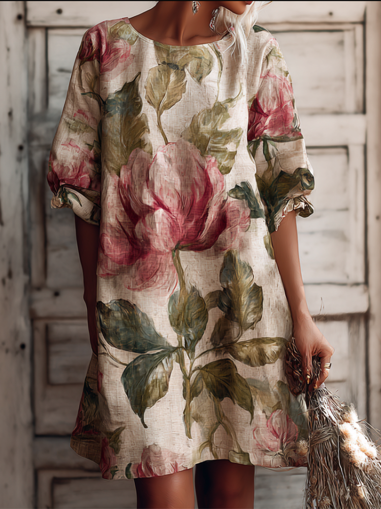 Retro Cotton And Linen Bohemian Style Plant And Flower Print Mid-length Dress elevenforest