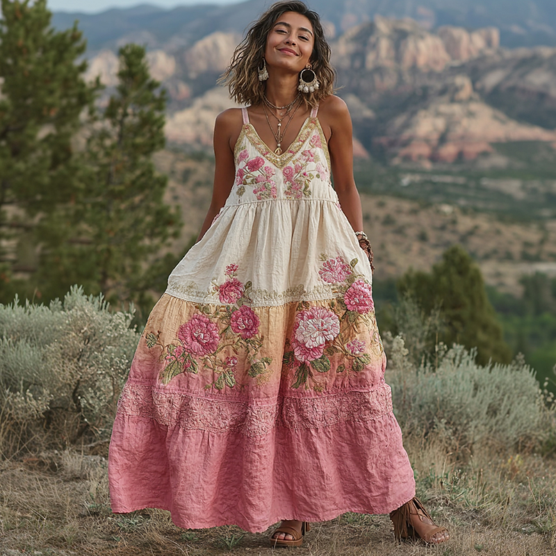 Pink Flowers Embroidered Vintage Linen Suspender Long Skirt elevenforest