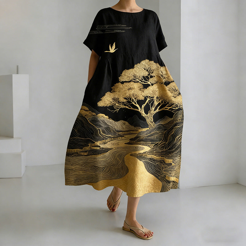 Comstylish Women's Japanese-style Landscape Print Casual Dress
