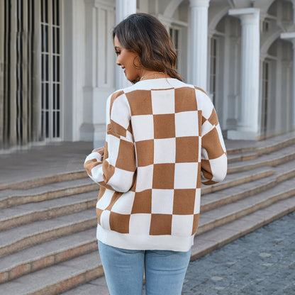 Autumn Winter Plaid Sweater Stitching Cardigan Top Knitted Coat Tide