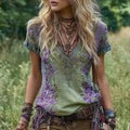 Vintage Flower Embroidery Linen V-neck Short Sleeve T-shirt elevenforest