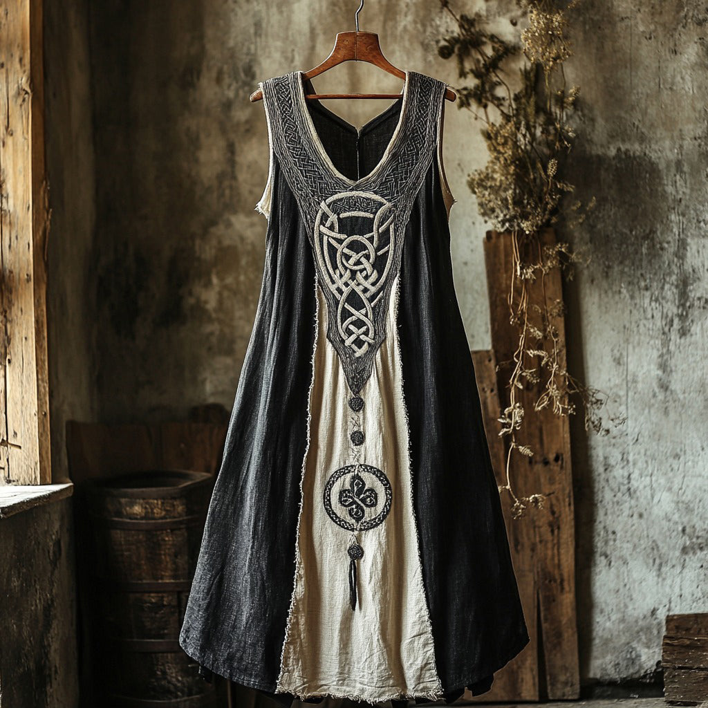 Tribal Celtic Embroidery Patchwork Art Linen Tank Dress elevenforest