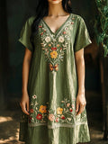 Boho Botanical Floral Embroidery Women's Linen Dress elevenforest