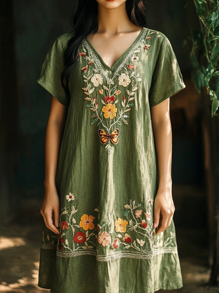 Boho Botanical Floral Embroidery Women's Linen Dress elevenforest