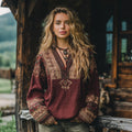 Women's Vacation Boho Tribal Ethnic Print V-neck Linen Blend Tops elevenforest