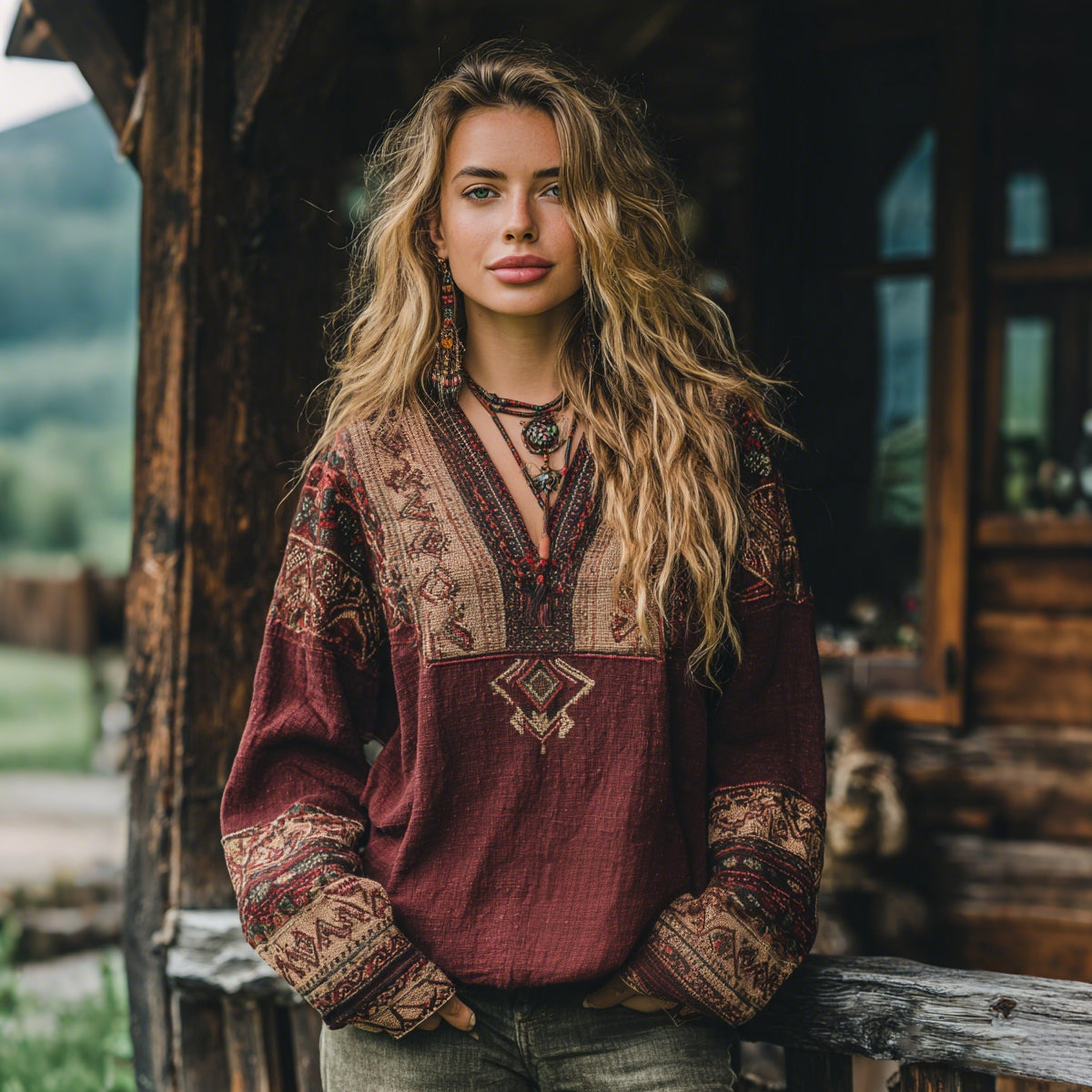 Women's Vacation Boho Tribal Ethnic Print V-neck Linen Blend Tops elevenforest