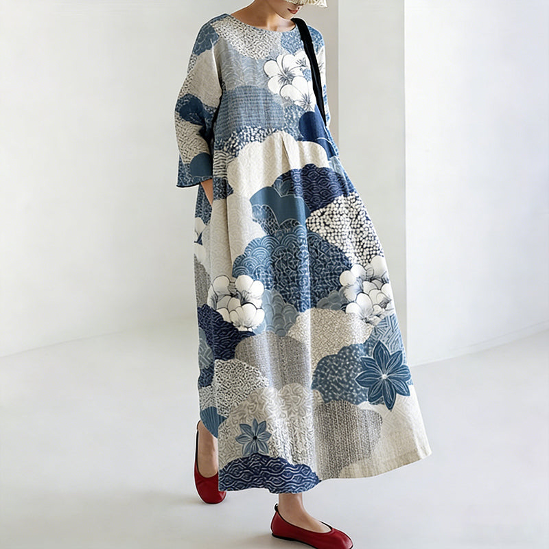 Comstylish Women's Japanese-style Linen Dress With Floral Pattern