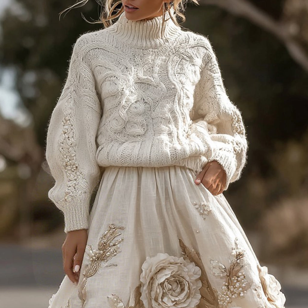 Vintage Rose Pattern Cable Knit Sweater And Linen Skirt Two-piece Set elevenforest