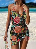 Vintage Floral Print Pleated Drawstring V-neck Tankini Pantskirt Set Swimsuit