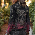 A Retro Women's Black-pink Gradient Denim Jacket With Gothic Skull And Floral Elements Design For Halloween. elevenforest