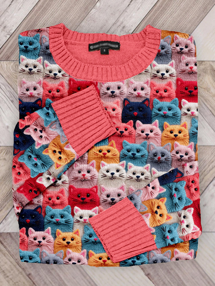 Colorful Cute Cats Embroidered Crew Neck Cozy Sweater elevenforest