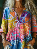 Women's Hippie Peace Gradient Art Pattern Print Casual Cotton Linen Sh