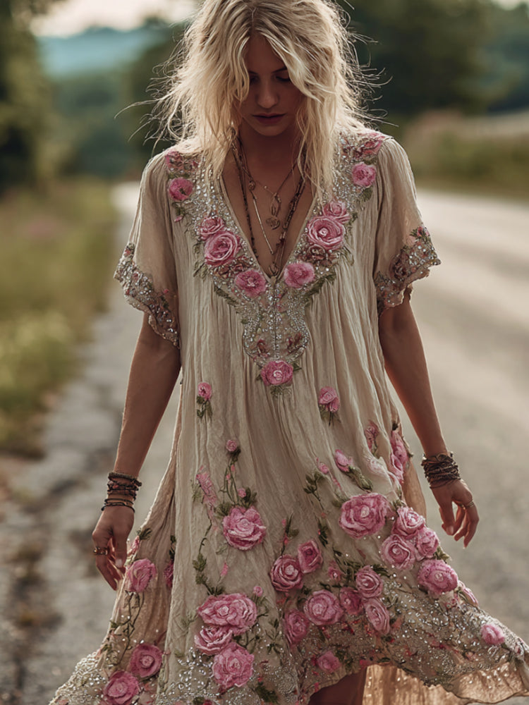 Bohemian Style Embroidered Flower Short Sleeve V-neck Casual Skirt elevenforest