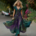 Women's Vintage Purple Roses Floral Embroidery Linen Short Sleeve Dress elevenforest