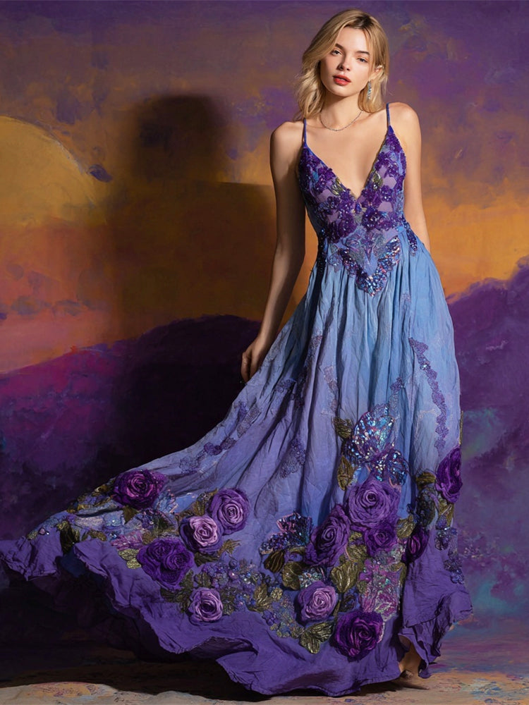 Boho Floral Embroidery Gradient Women's V-neck Spaghetti Straps Flowy Maxi Dress elevenforest