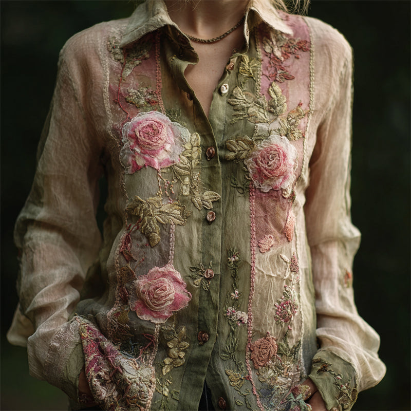 Vintage Pink Roses Embroidered Patchwork Flowy Linen Blouse elevenforest