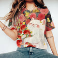 Cute Cat Holding Carp Floral T-shirt