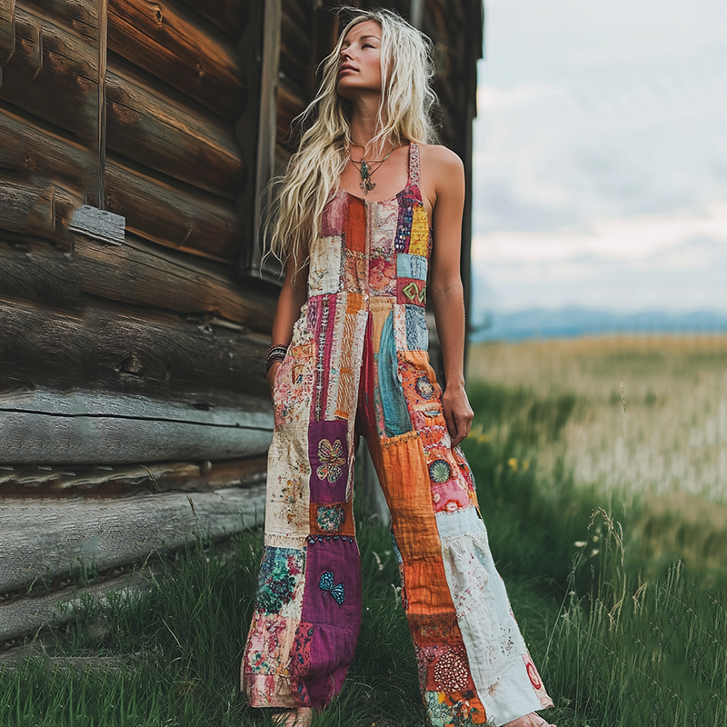 Women's Pink Floral Patchwork Linen Print Cotton Linen Jumpsuit elevenforest