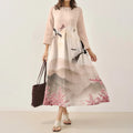 Comstylish Japanese Retro Cherry Blossom With Crane Print Art Comfy Maxi Dress