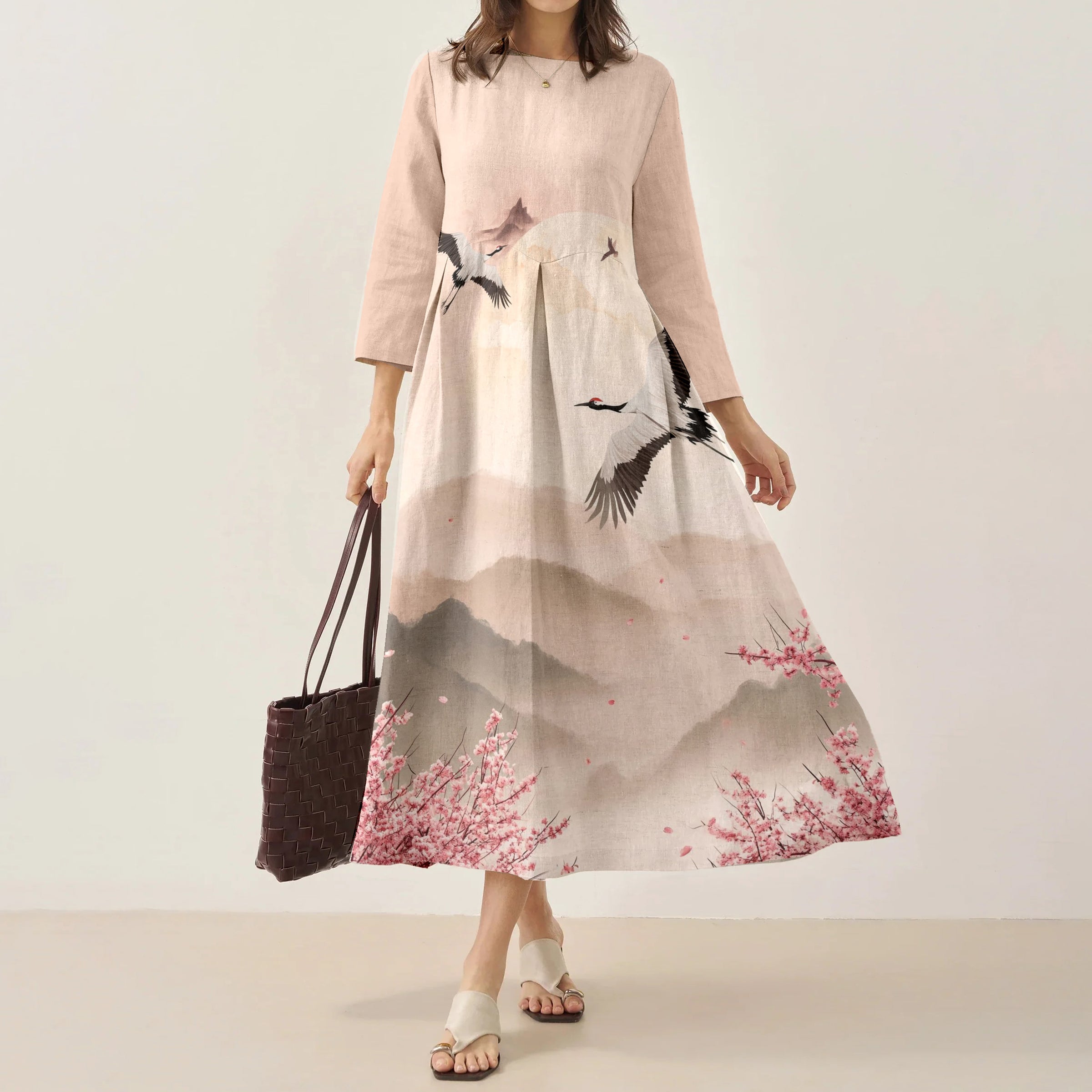 Comstylish Japanese Retro Cherry Blossom With Crane Print Art Comfy Maxi Dress