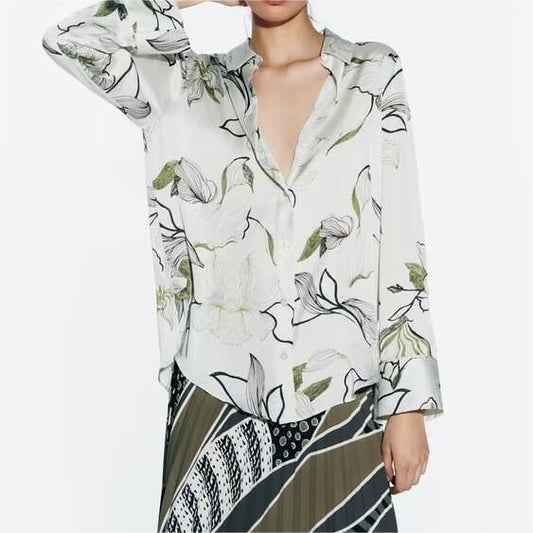 Spring Summer Silk Satin Textured Printed Shirt – Print Blouse