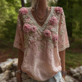 Vintage Glitter Pink Roses Lace Trim Flowy Linen Tunic elevenforest