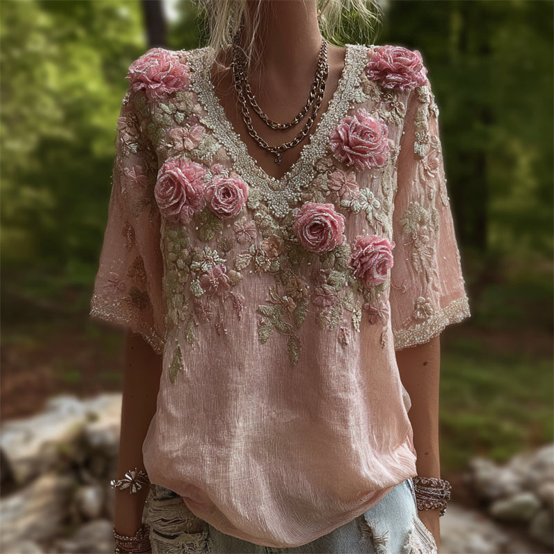 Vintage Glitter Pink Roses Lace Trim Flowy Linen Tunic elevenforest