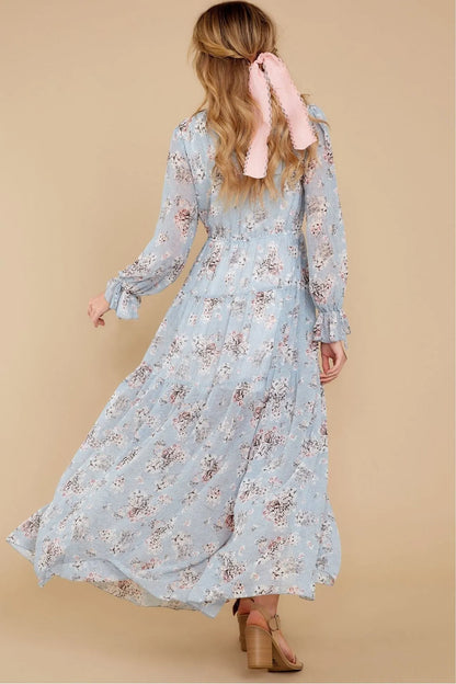 Puff Sleeve V-neck Ruffle Hem Maxi Dress Blue