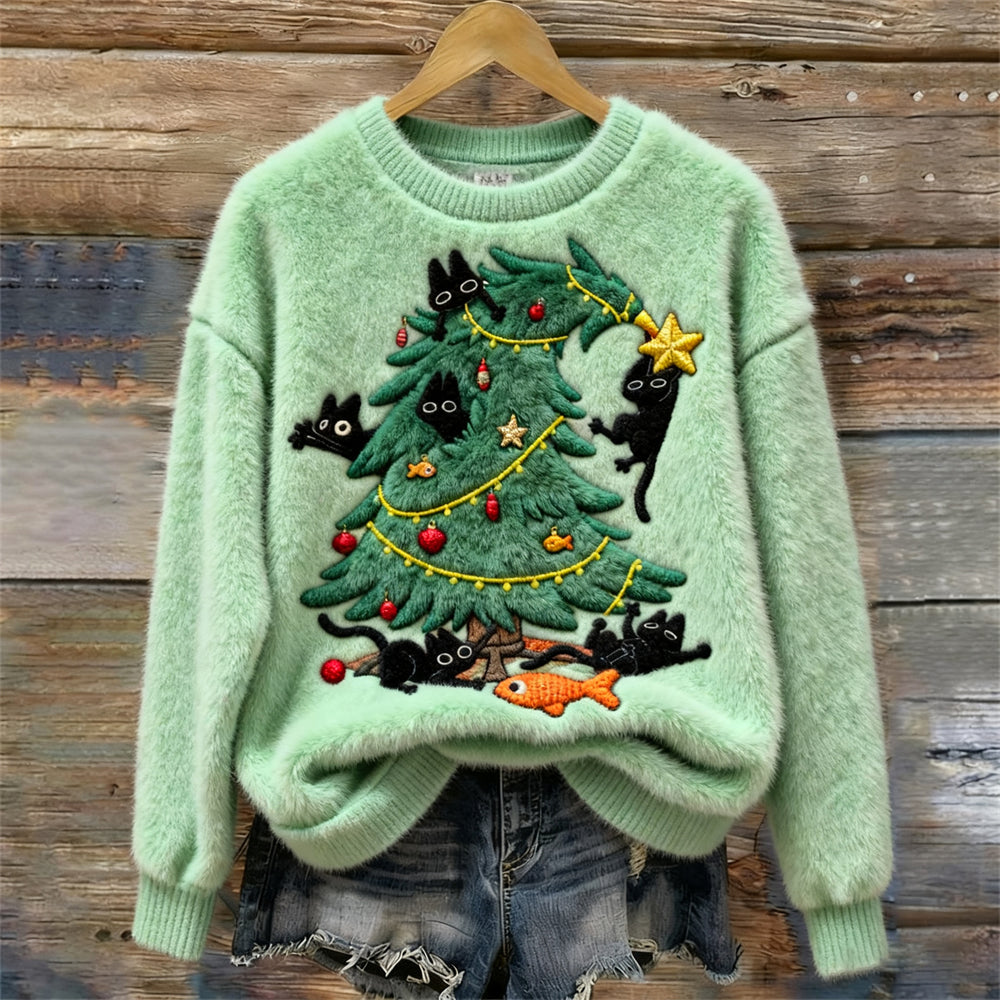 Christmas Tree Playful Cats Women's Cozy Plush Sweater elevenforest