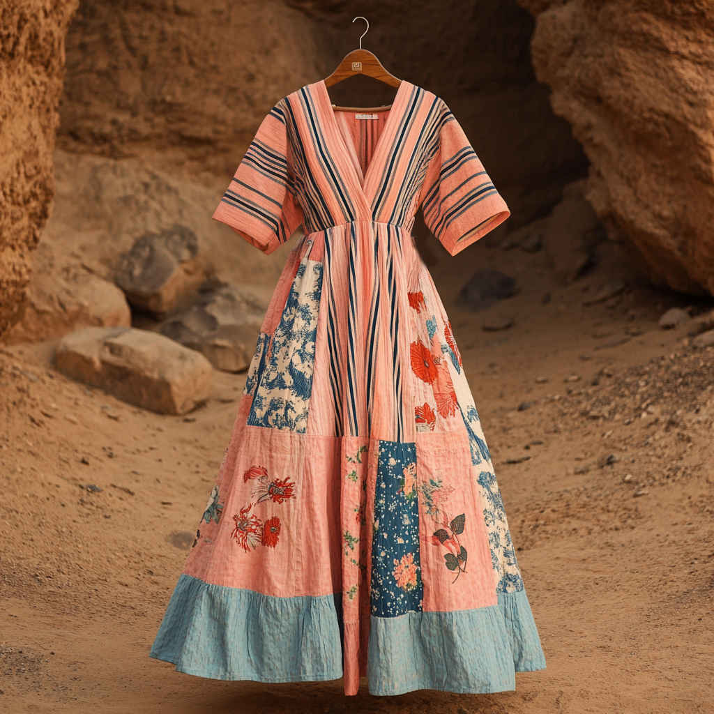 Women's Retro Striped Floral Stitching Cotton And Linen Short Sleeve Dress elevenforest