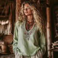 Women's Vintage Vacation Boho Tribal Ethnic Print V-neck Linen Blend Tops elevenforest