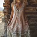 Bohemian Retro Lace Patchwork Plant Flower Pattern Cotton And Linen Sleeveless Dress elevenforest