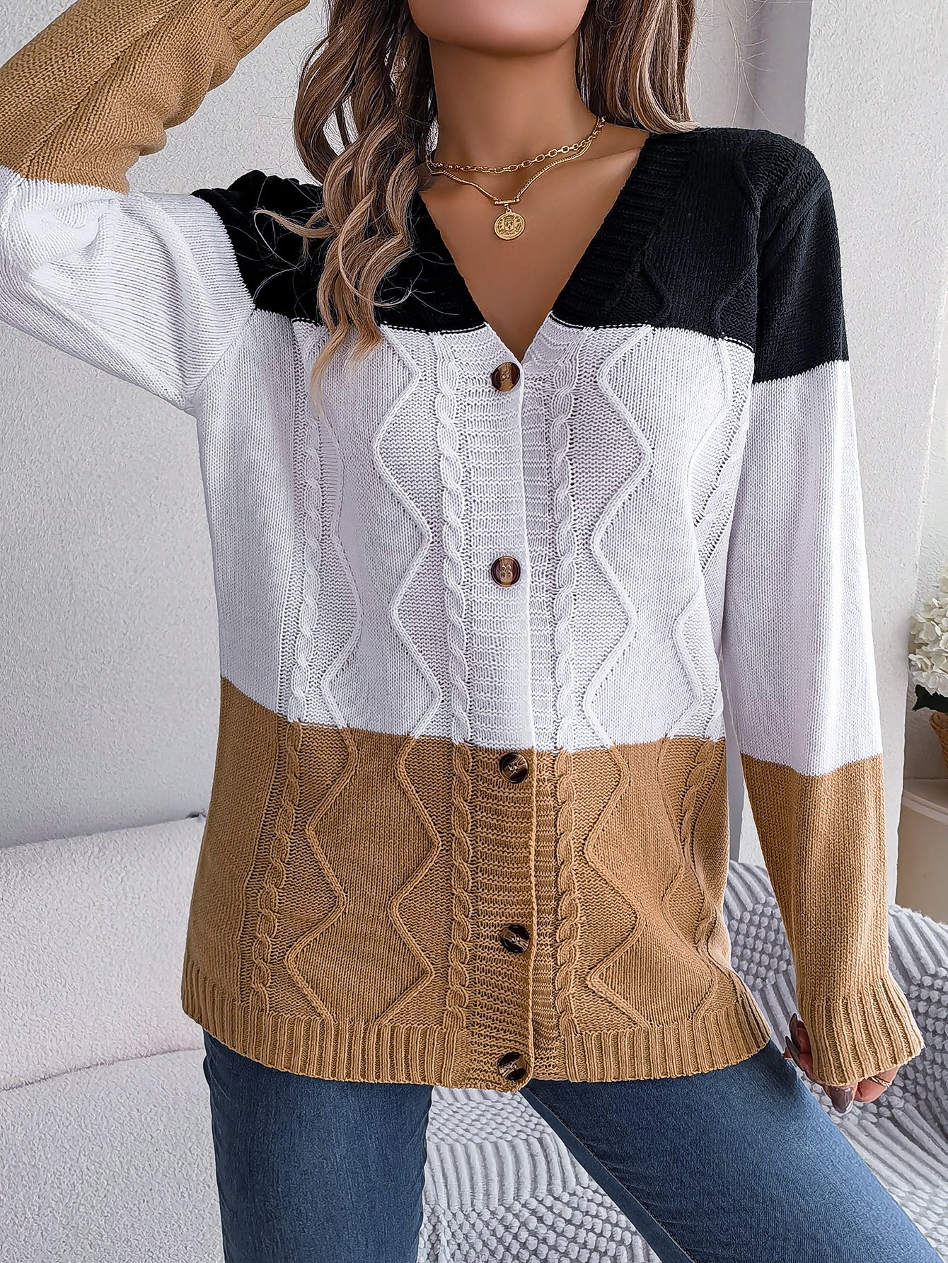 Autumn Winter Contrast Color Button Long Sleeve Sweater Cardigan Coat Clothing